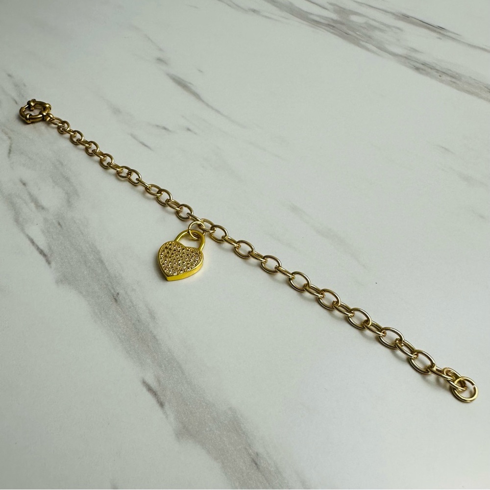 Gold Plated Pavé Heart Charm Bracelet – Handmade – 7.5” - Picture 7 of 11
